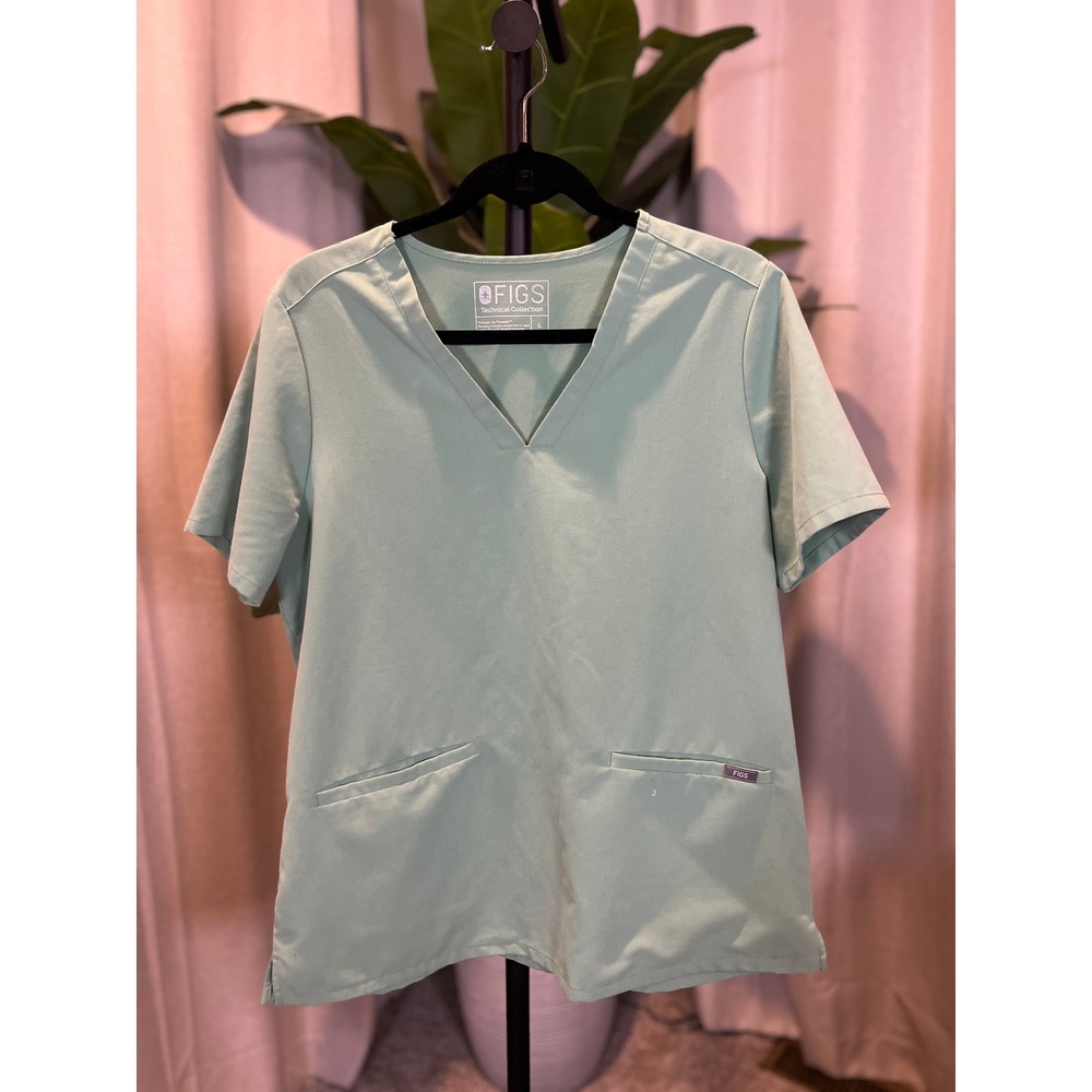 FIGS Technical Collection V-Neck Scrub Top Sage Green Short Sleeve Women Large